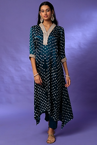 Cobalt Blue Bandhej Printed Kurta Set by Rosette