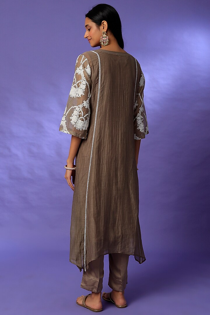 Hazelnut Brown Chanderi Embroidered Kurta Set by Rosette at Pernia's Pop Up Shop