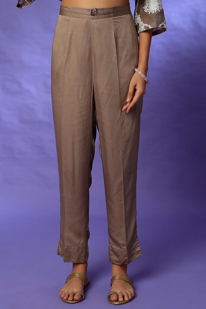 Hazelnut Brown Chanderi Embroidered Kurta Set by Rosette at Pernia's Pop Up Shop