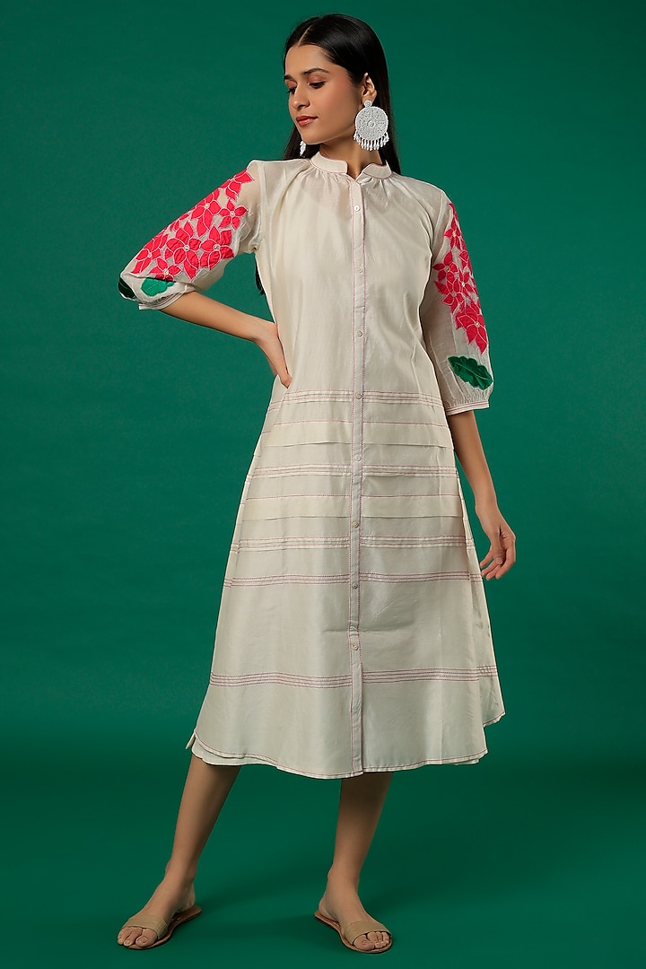 White Chanderi Pleated Dress by Rosette