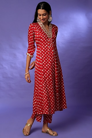 Red Satin Kurta Set by Rosette