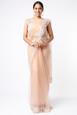 Nude Champagne Pink Embroidered Saree Set by Ros Story