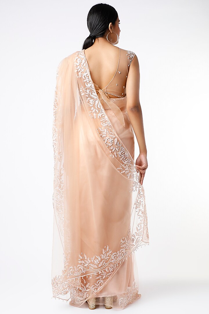 Nude Champagne Pink Embroidered Wedding Saree Set by Ros Story at Pernia's Pop Up Shop