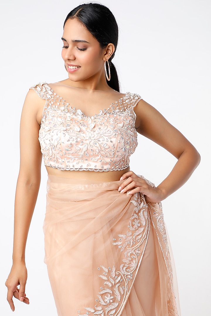 Nude Champagne Pink Embroidered Wedding Saree Set by Ros Story at Pernia's Pop Up Shop