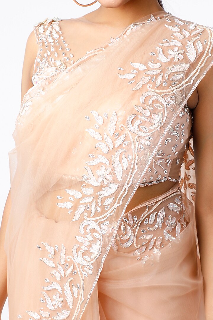Nude Champagne Pink Embroidered Wedding Saree Set by Ros Story at Pernia's Pop Up Shop