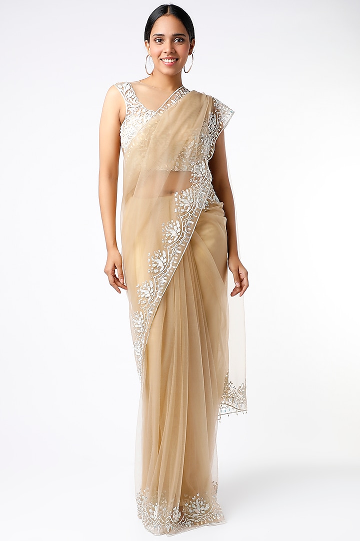 Nude Champagne Gold Tulle Zardosi Embroidered Saree Set by Ros Story