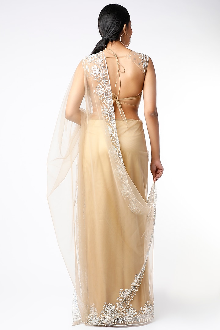 Nude Champagne Gold Tulle Zardosi Embroidered Wedding Saree Set by Ros Story at Pernia's Pop Up Shop