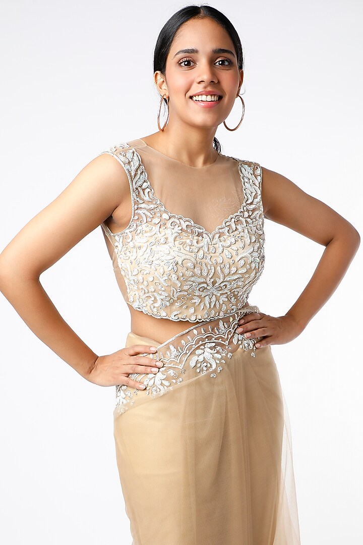 Nude Champagne Gold Tulle Zardosi Embroidered Wedding Saree Set by Ros Story at Pernia's Pop Up Shop