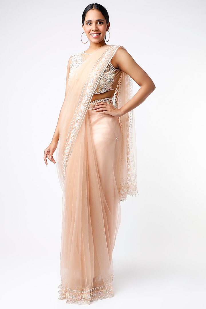 Nude Champagne Pink Tulle Zardosi Embroidered Saree Set by Ros Story at Pernia's Pop Up Shop