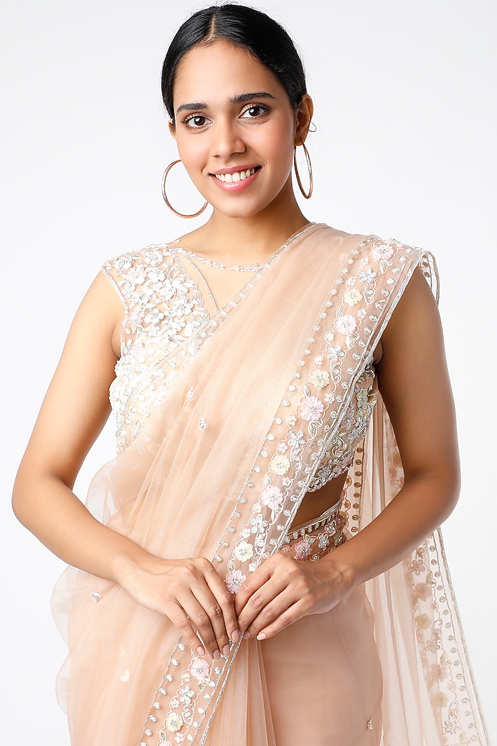 Nude Champagne Pink Tulle Zardosi Embroidered Wedding Saree Set by Ros Story at Pernia's Pop Up Shop