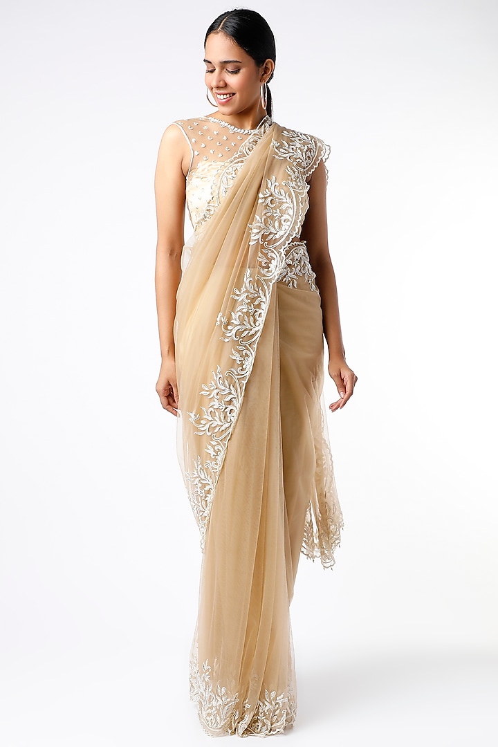 Nude Champagne Gold Tulle Zardosi Embroidered Saree Set by Ros Story