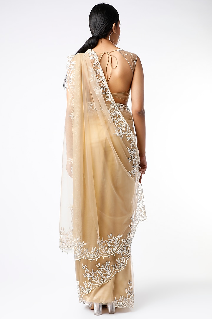 Nude Champagne Gold Tulle Zardosi Embroidered Wedding Saree Set by Ros Story at Pernia's Pop Up Shop