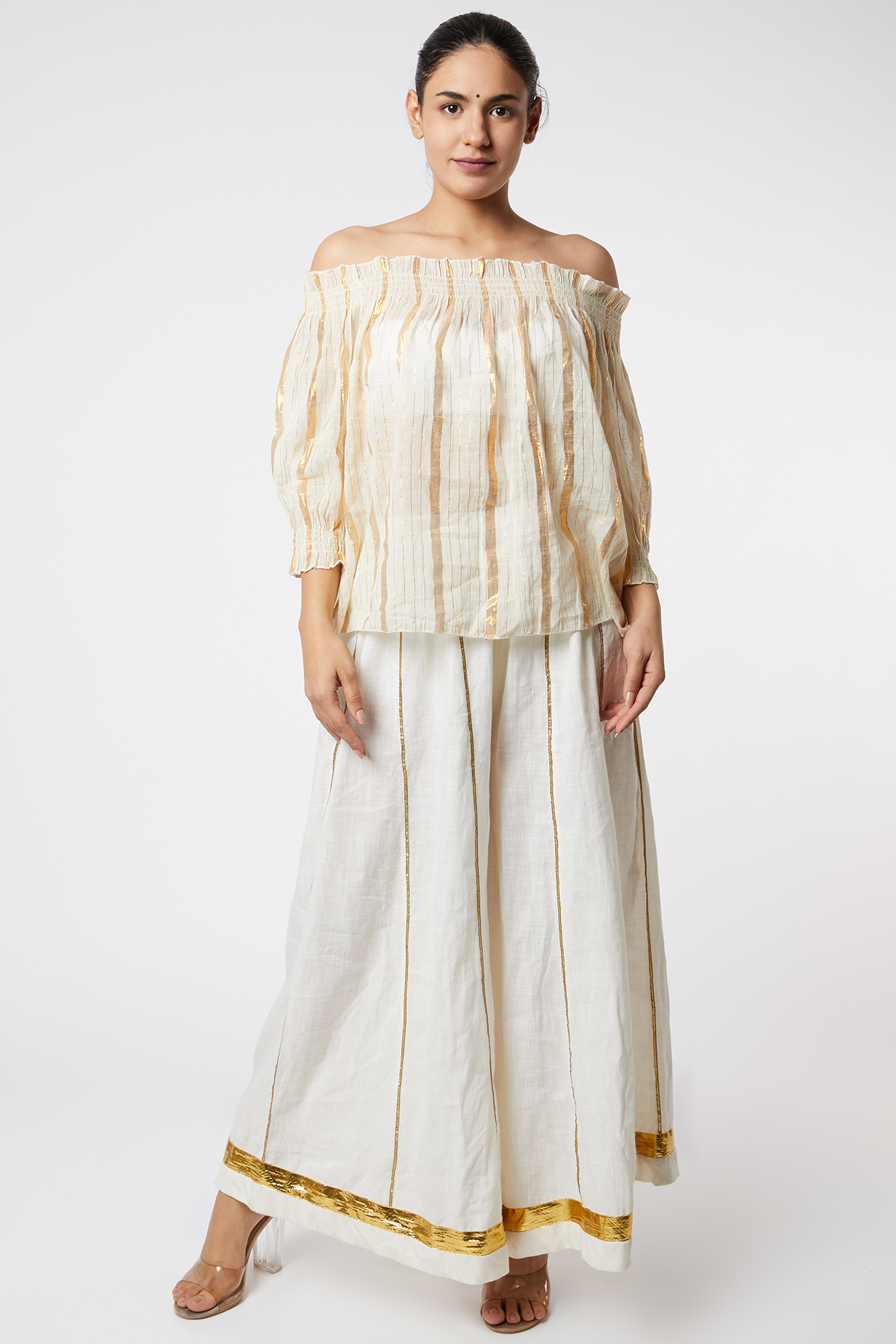 Beige Printed Off Shoulder Top by Rose Tree