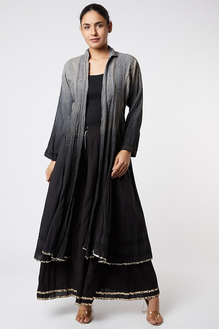 Black Embroidered Ombre Jacket Kurta by Rose Tree