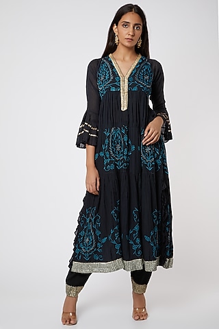 Black & Teal Embroidered Kurta by Rose Tree