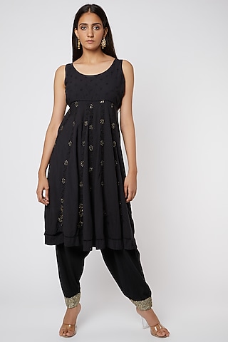 Black Organic Cotton Embroidered Kurta by Rose Tree