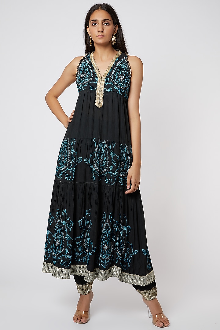 Black & Teal Embroidered Kurta In Organic Cotton by Rose Tree