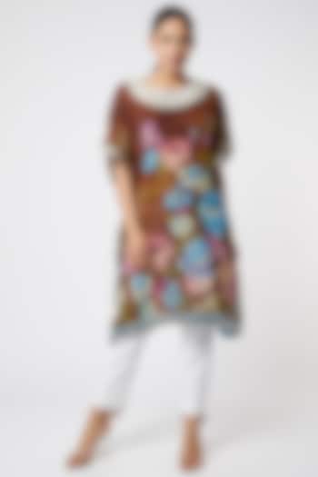 Brown Floral Printed & Embroidered Kurta by Rose Tree