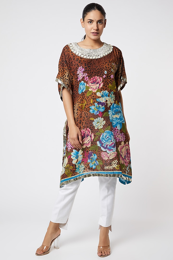 Brown Floral Printed & Embroidered Kurta by Rose Tree
