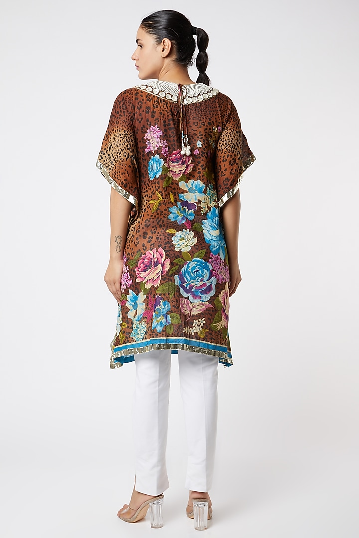 Brown Floral Printed & Embroidered Kurta by Rose Tree at Pernia's Pop Up Shop