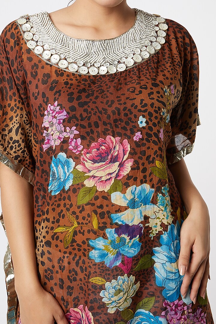Brown Floral Printed & Embroidered Kurta by Rose Tree at Pernia's Pop Up Shop