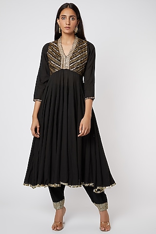 Black Organic Cotton Embroidered Kurta by Rose Tree