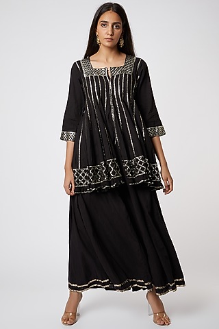 Black Embroidered Organic Cotton Kurta by Rose Tree