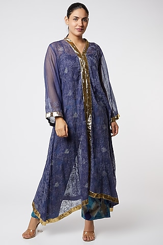 Cobalt Blue Embroidered Jacket Kurta by Rose Tree