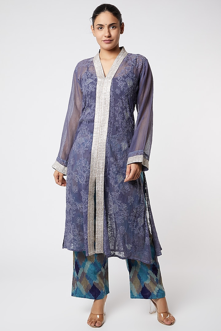 Cobalt Blue Kurta With Embroidery by Rose Tree