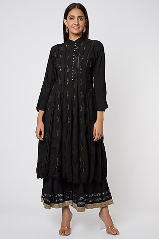 Black Embroidered Organic Cotton Kurta by Rose Tree
