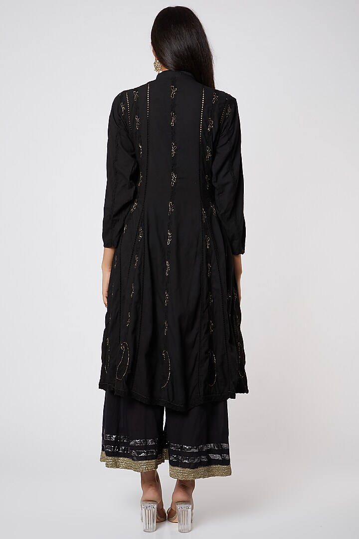 Black Embroidered Organic Cotton Kurta by Rose Tree at Pernia's Pop Up Shop