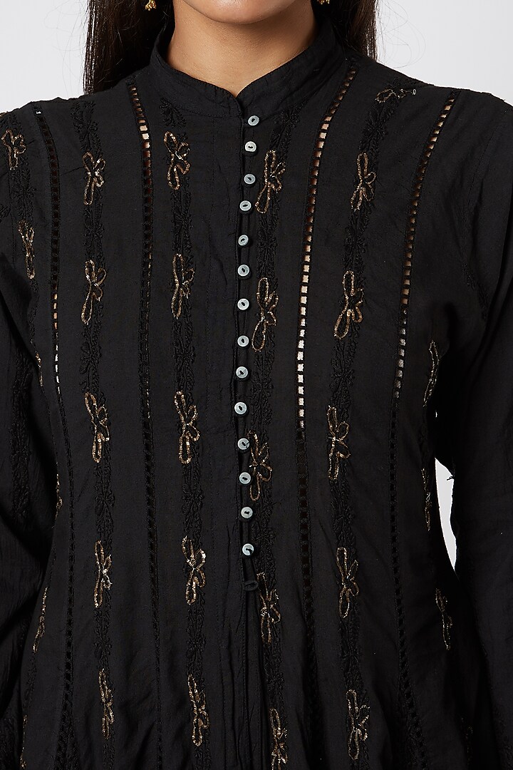 Black Embroidered Organic Cotton Kurta by Rose Tree at Pernia's Pop Up Shop