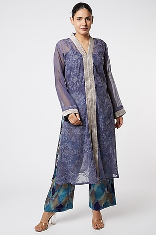 Purple Embroidered Jacket Kurta by Rose Tree