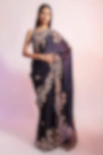 Sapphire Blue Satin Organza Zardosi Embroidered Wedding Saree by Rouje at Pernia's Pop Up Shop