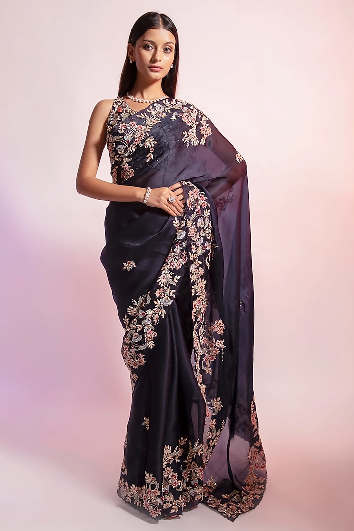 Sapphire Blue Satin Organza Zardosi Embroidered Wedding Saree by Rouje at Pernia's Pop Up Shop