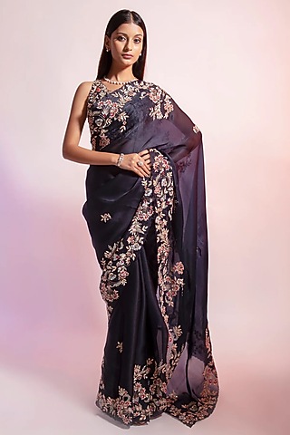Sapphire Blue Satin Organza Zardosi Embroidered Saree by Rouje