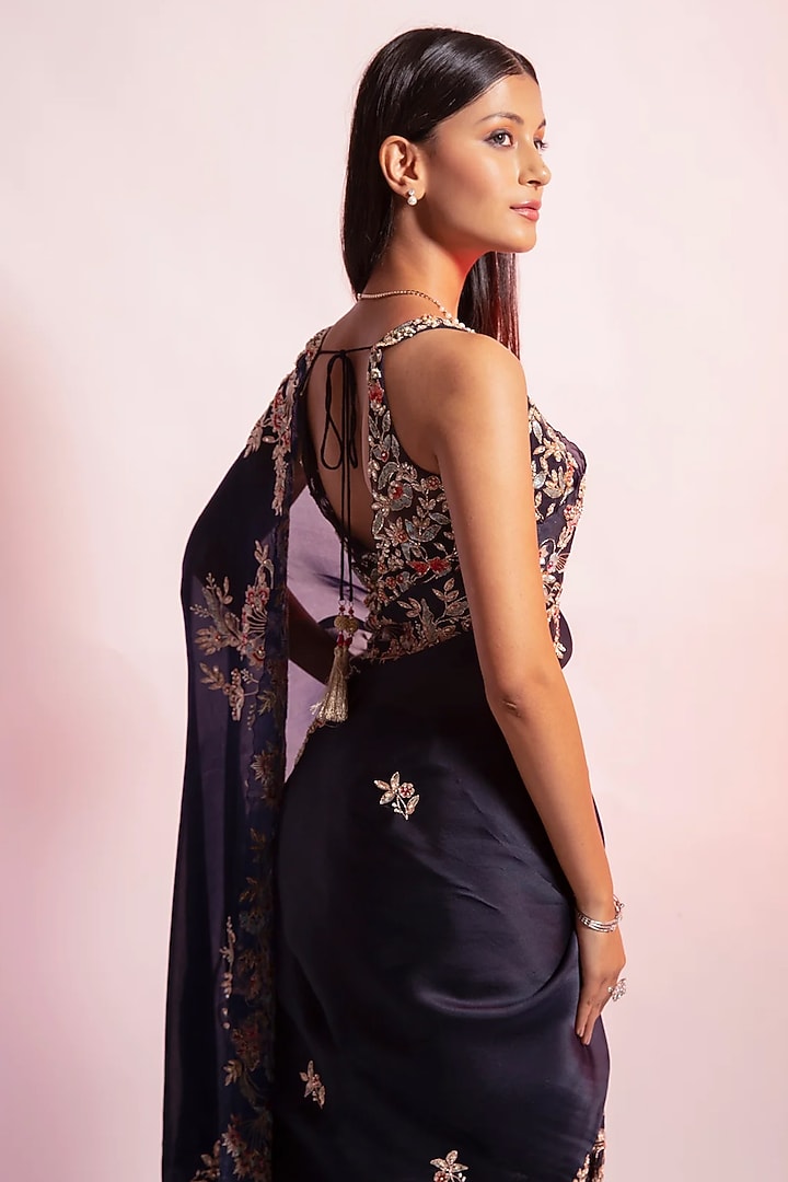 Sapphire Blue Satin Organza Zardosi Embroidered Wedding Saree by Rouje at Pernia's Pop Up Shop