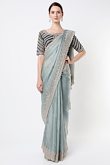 Powder Blue Embroidered Saree Set by Rouje-POPULAR PRODUCTS AT STORE