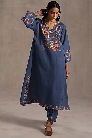 Indigo Blue Linen Floral Work Kurta Set by Roza Pret