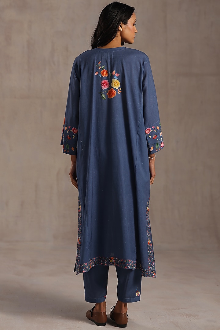 Indigo Blue Linen Floral Work Kurta Set by Roza Pret at Pernia's Pop Up Shop