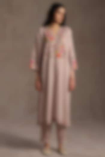 Beige Linen Floral Work Kurta Set by Roza Pret at Pernia's Pop Up Shop