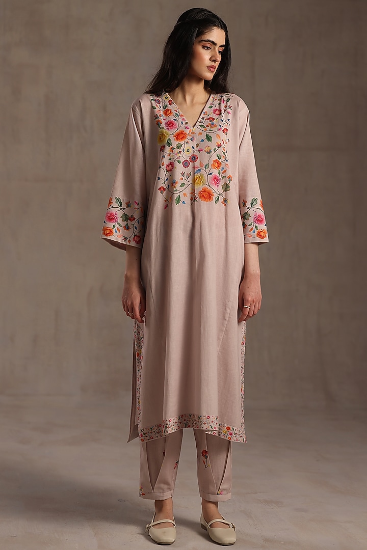Beige Linen Floral Work Kurta Set by Roza Pret at Pernia's Pop Up Shop