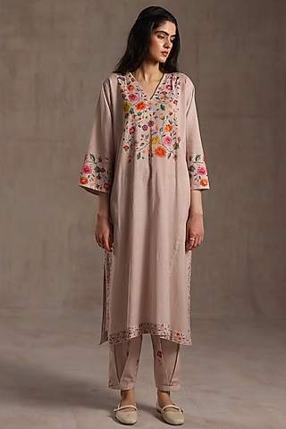 Beige Linen Floral Work Kurta Set by Roza Pret