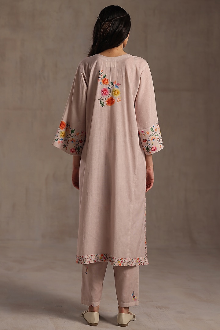 Beige Linen Floral Work Kurta Set by Roza Pret at Pernia's Pop Up Shop