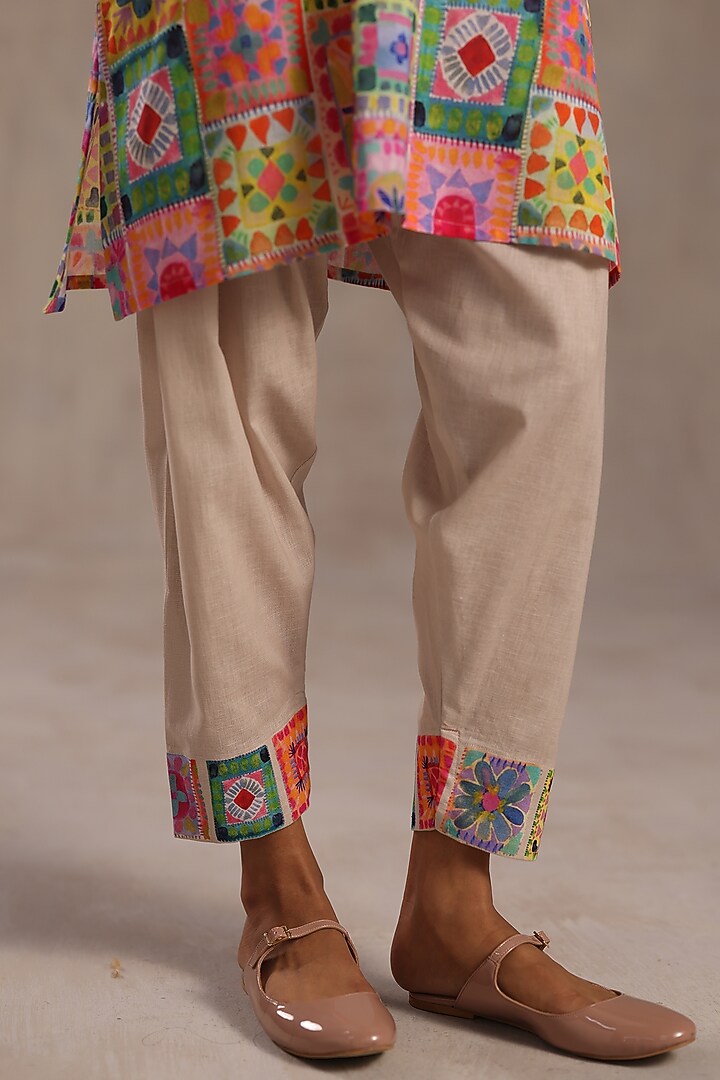 Multi-Colored Linen Patchwork Printed Kurta Set by Roza Pret at Pernia's Pop Up Shop