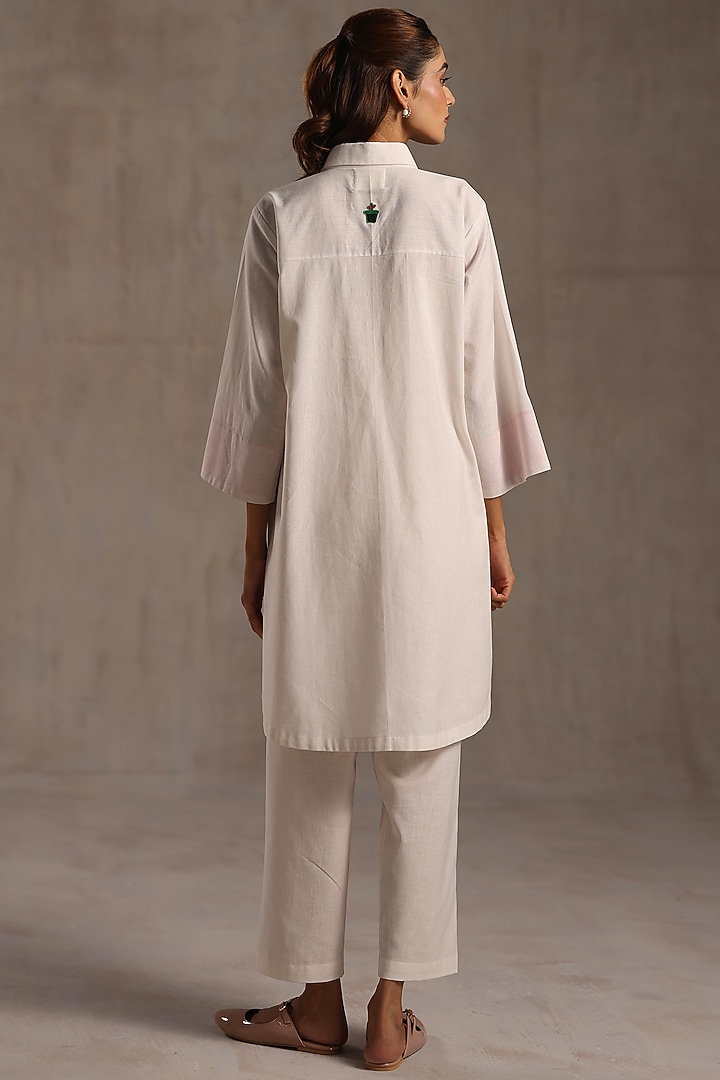Ivory Linen Floral Placement Kurta Set by Roza Pret at Pernia's Pop Up Shop