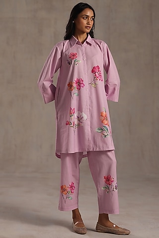 Pink Linen Floral Placement Kurta Set by Roza Pret