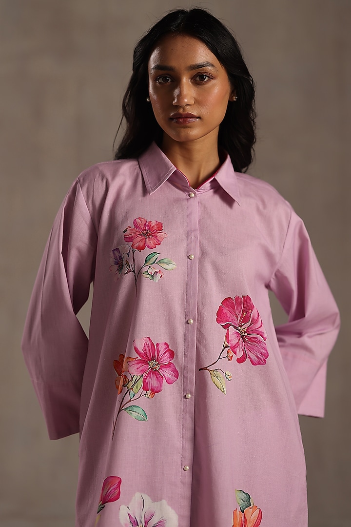 Pink Linen Floral Placement Kurta Set by Roza Pret at Pernia's Pop Up Shop