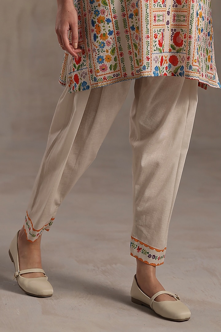 Multi-Colored Linen Floral Thread Embroidered Kurta Set by Roza Pret at Pernia's Pop Up Shop