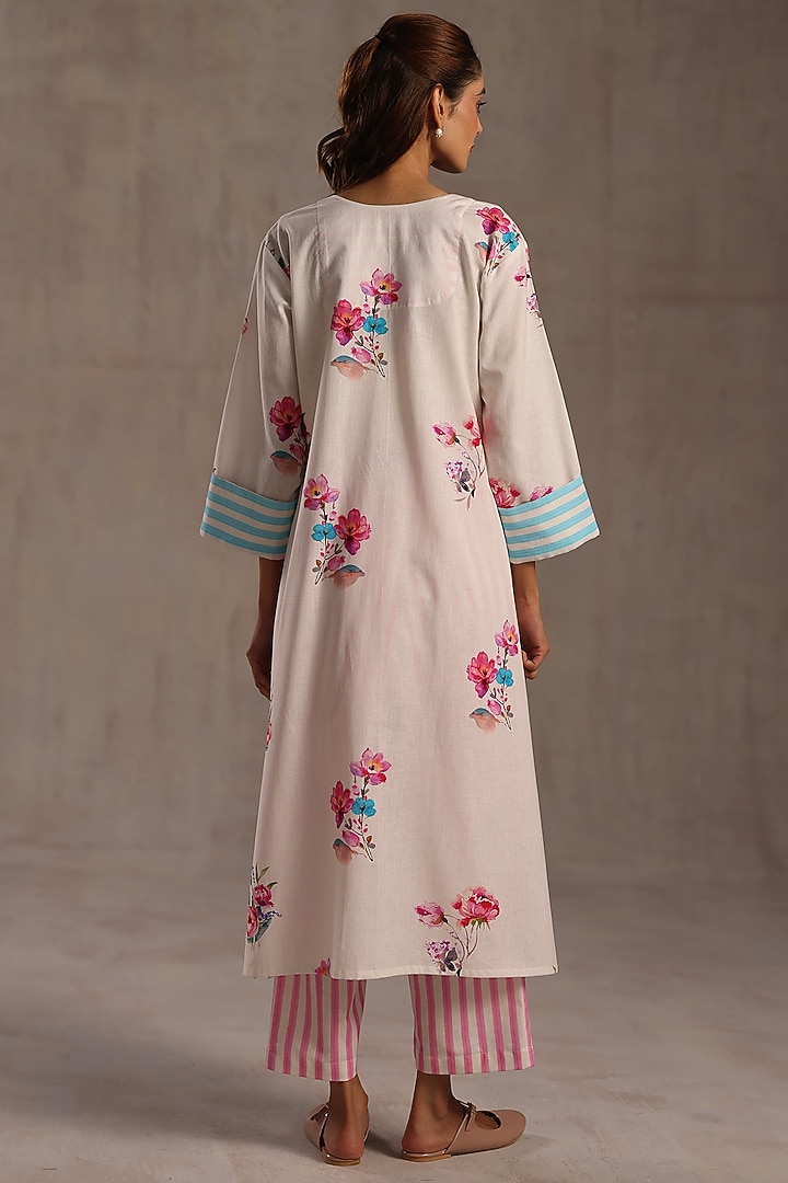 Ivory Linen Floral Printed Kurta Set by Roza Pret at Pernia's Pop Up Shop